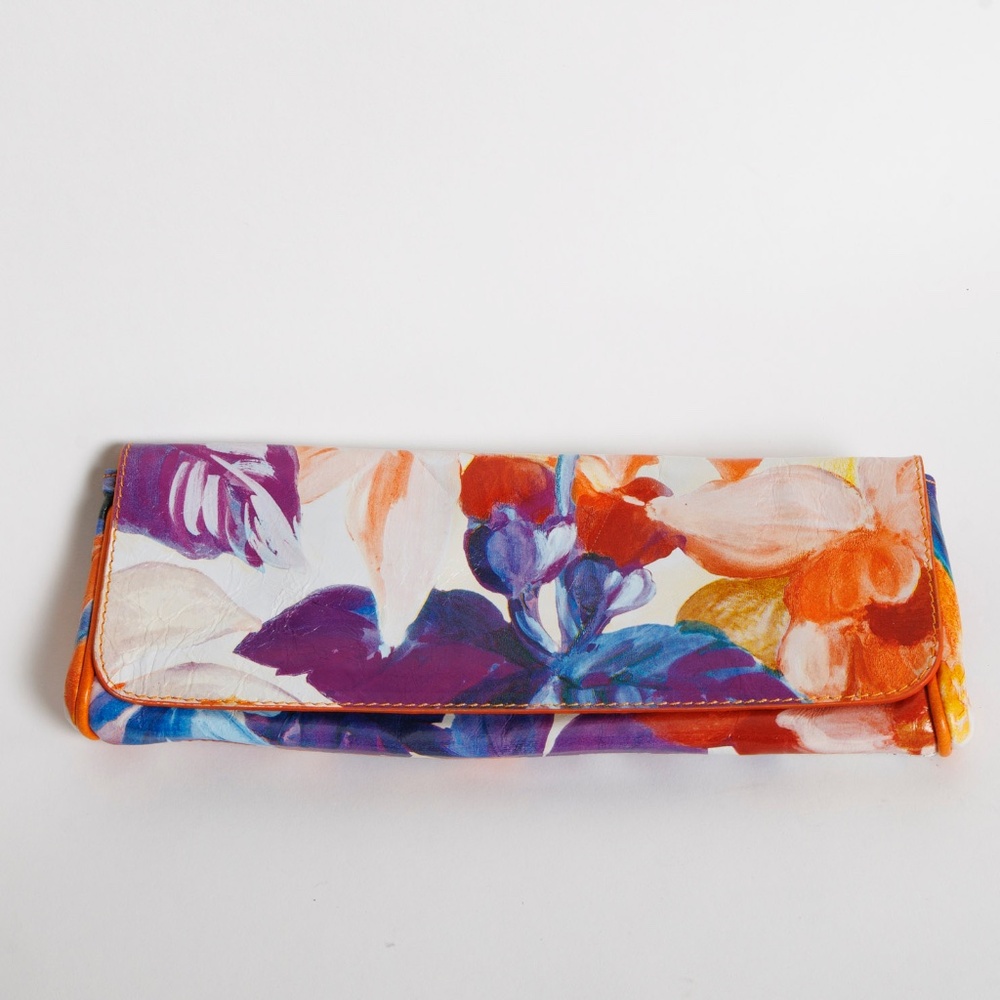 Vintage Maurizio Taiuti Spring Floral Italian Leather Clutch - Purple Orange